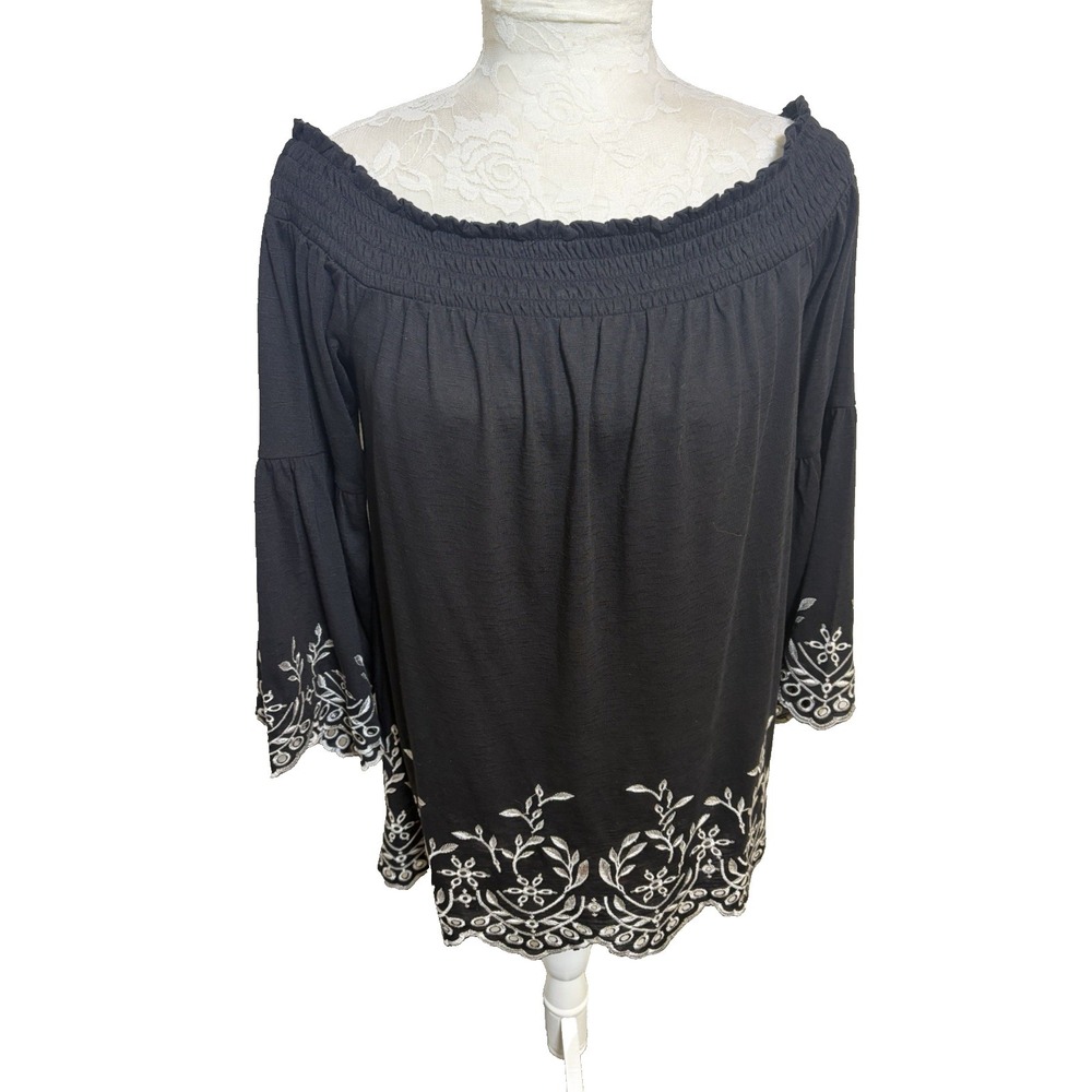 WHBM Boho Top~M~ Black Knit Peasant White Eyelet Embroidery  Bell Slvs Festival